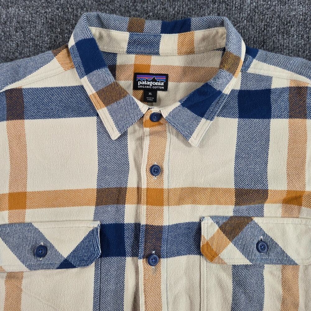 Patagonia Mens Beige Blue Plaid Organic Cotton Fjord Flannel Shirt STY53947 2XL